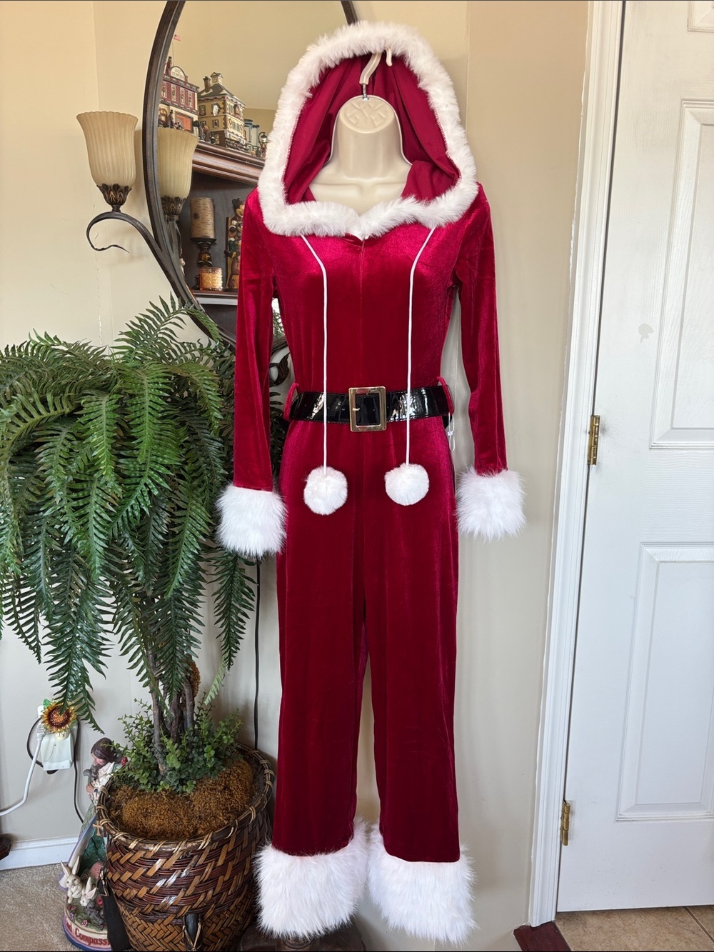 Red Velvet Faux Fur Trim Santa Jumpsuit Christmas Costume One Piece w/ Belt Xmas